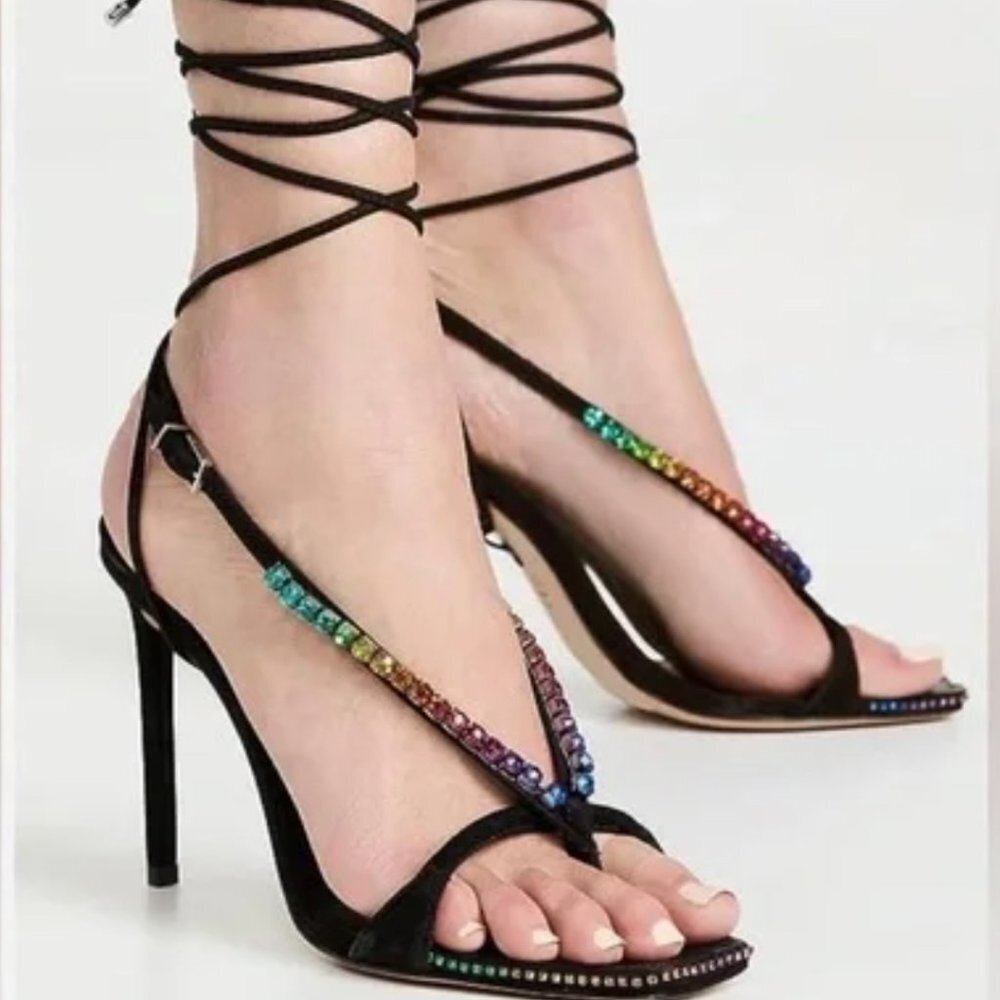 Schutz Vikki Crystal Sandal Nobuck Leather Straps black w rainbow jewels Size 8